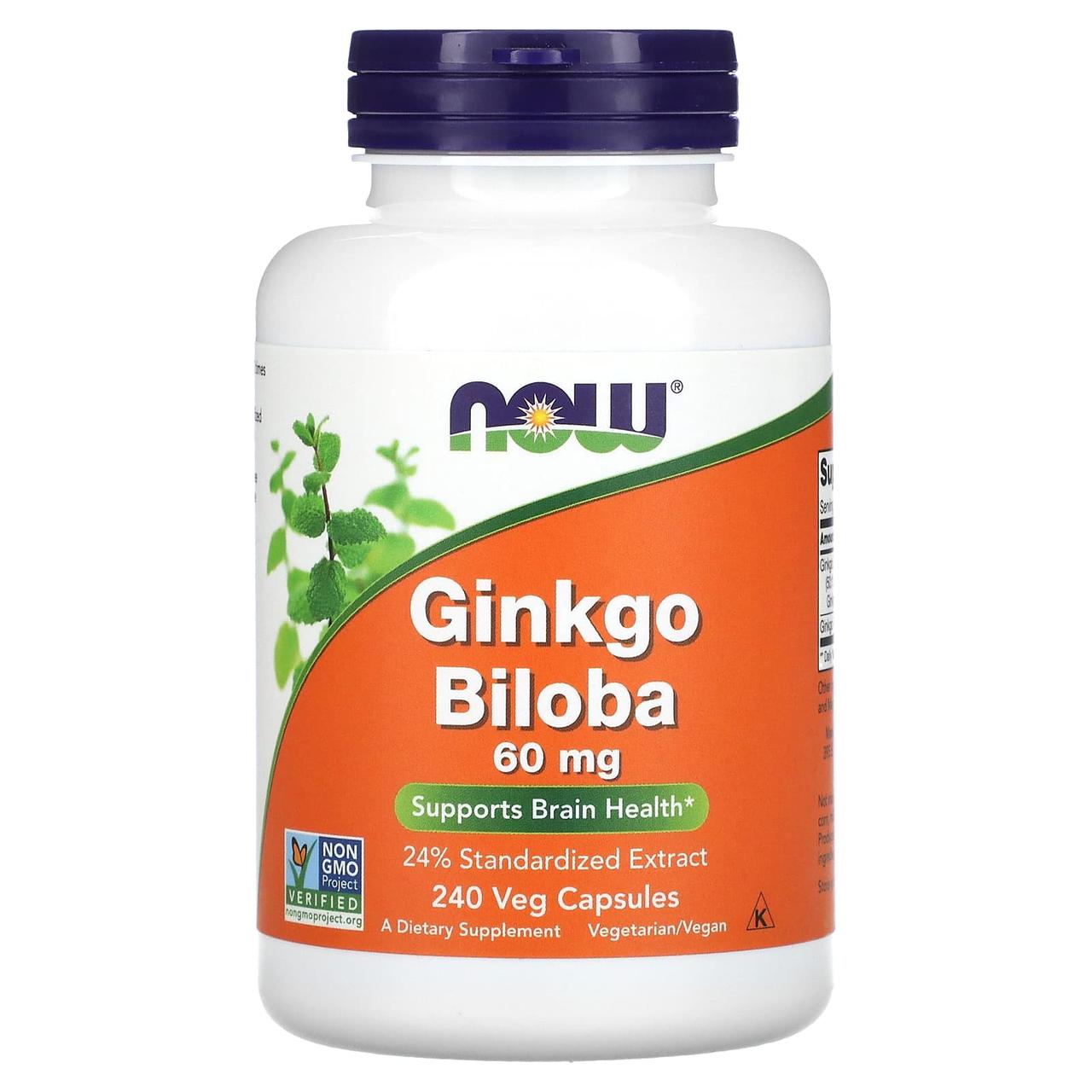 Гінкго білоба, Ginkgo Biloba, Now Foods, 60 мг, 240 вегетаріанських капсул, фото 1
