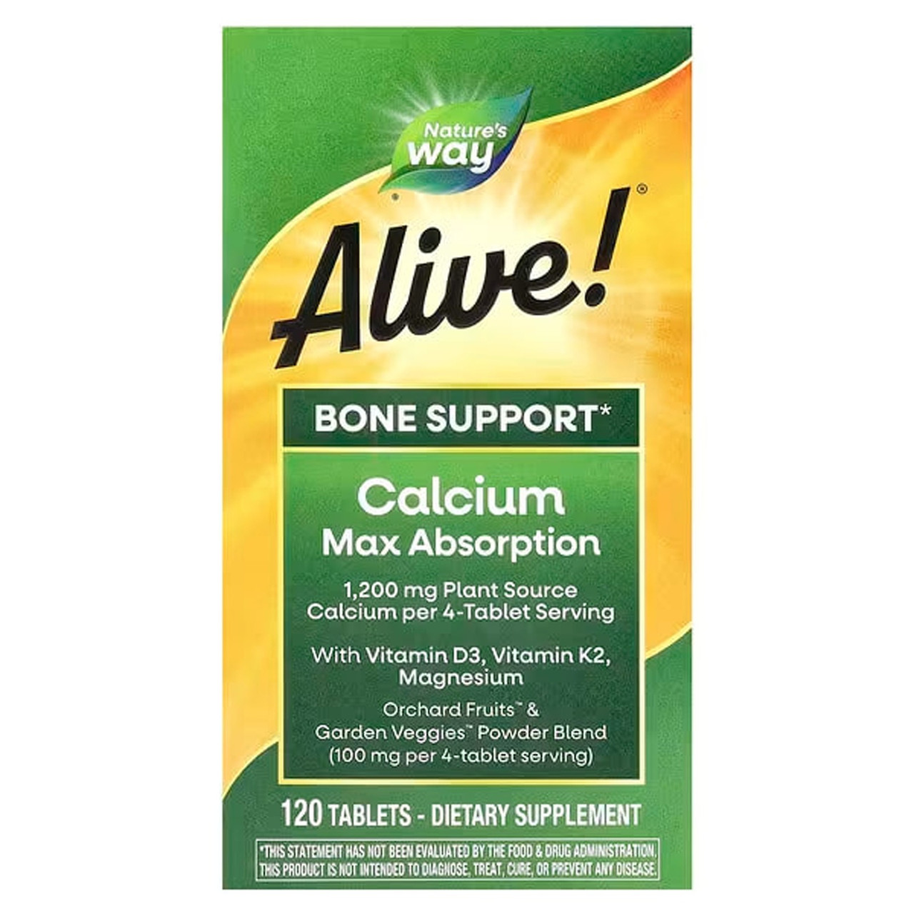 Кальцій, D3, К2 та магній, Alive! Calcium, Max Absorption, Nature's Way, Alive!, зміцнення кісток, максимальне засвоєння, 120