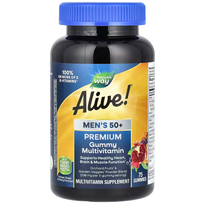 Мультивітаміни для чоловіків 50+, Alive! Men's Multi-Vitamin Multi-Mineral, Nature's Way, апельсин, виноград і вишня, 75 жувальних, фото 1