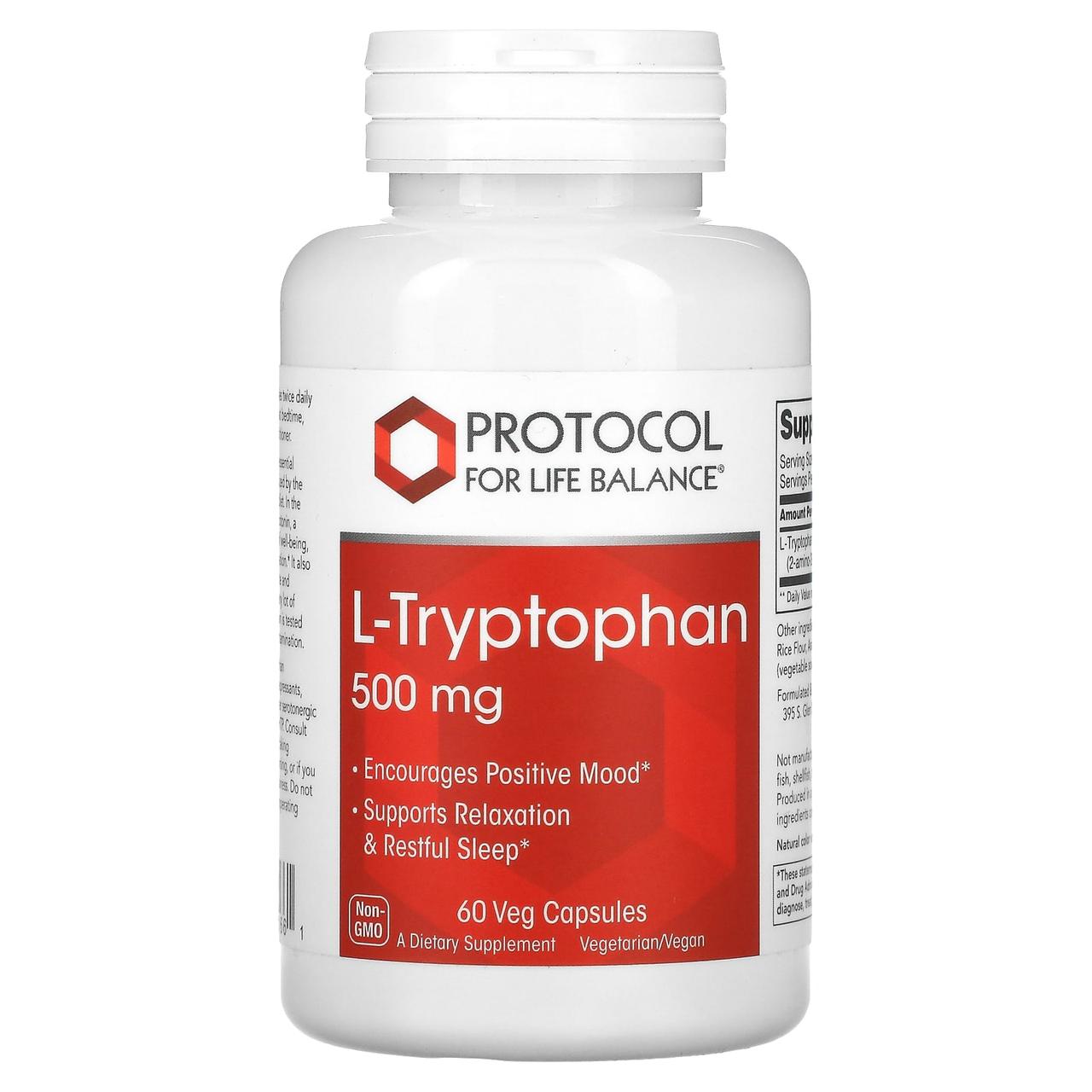 Триптофан, L-Tryptophan, Protocol for Life Balance, 500 мг, 60 веганських капсул, фото 1