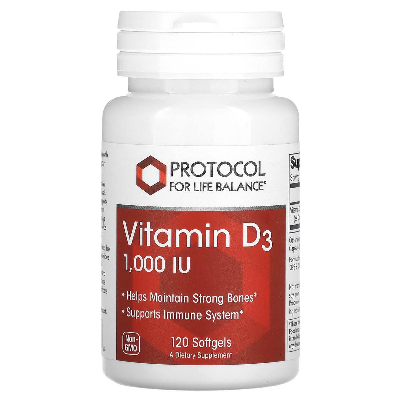 Вітамін D3, Vitamin D3, Protocol for Life Balance, 1000 МО, 120 гелевих капсул, фото 1