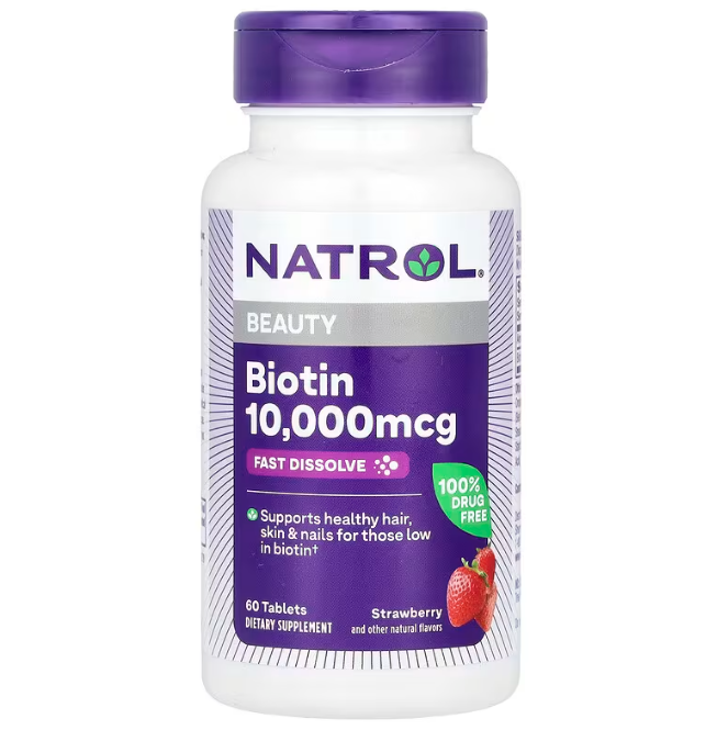 Біотин, Biotin, Natrol, полуниця, 10000 мкг, 60 таблеток, фото 1