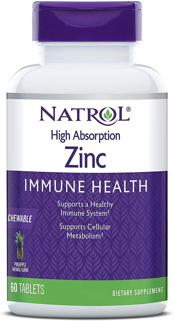 Цинк з високим ступенем поглинання, натуральний ананасовий смак, High Absorption Zinc, Natrol, 60 жувальних таблеток