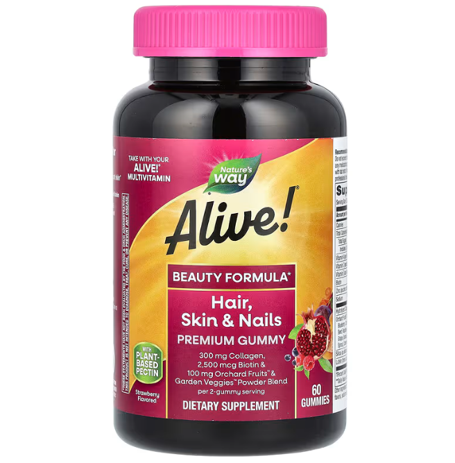 Вітаміни для волосся, шкіри і нігтів з колагеном, Skin, Nails, Hair with Collagen, Nature's Way, полуниця, 60 жувальних цукерок, фото 1