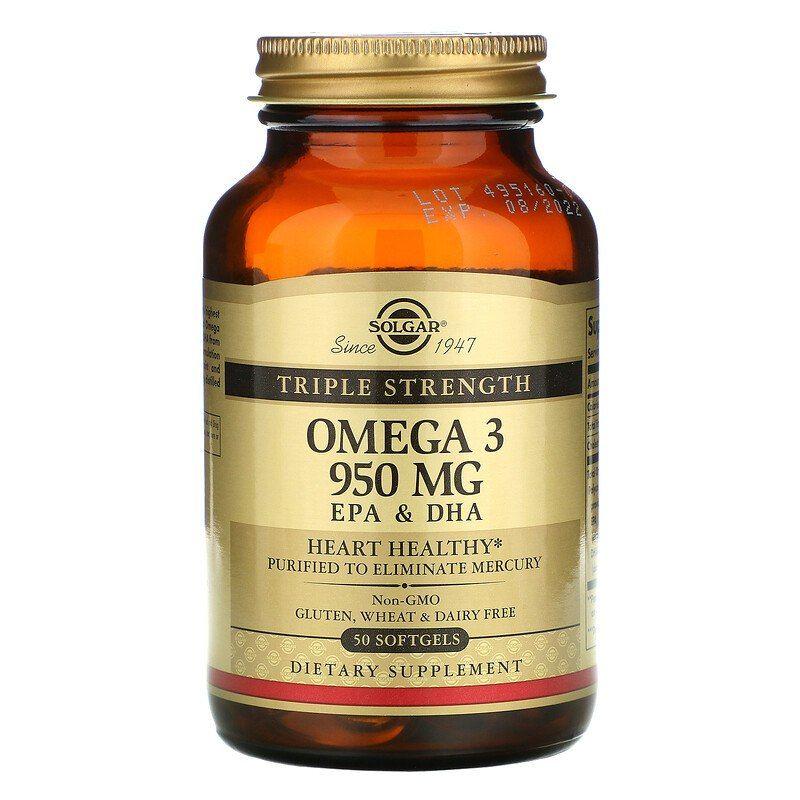 Омега-3, риб'ячий жир, Omega-3, EPA & DHA, Solgar, потрійна сила, 950 мг, 50 гелевих капсул, фото 1