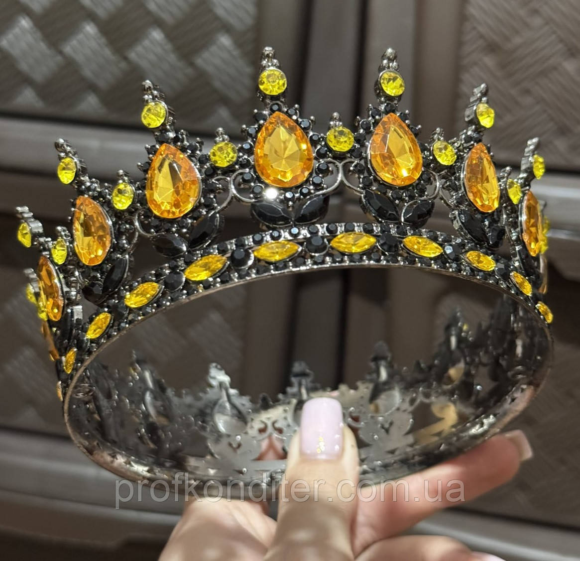 Корона металева для декору ЧОРНА з камінцями ЗОЛОТО-ЖОВТОГО кольору, фото 1