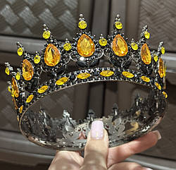 Корона металева для декору ЧОРНА з камінцями ЗОЛОТО-ЖОВТОГО кольору
