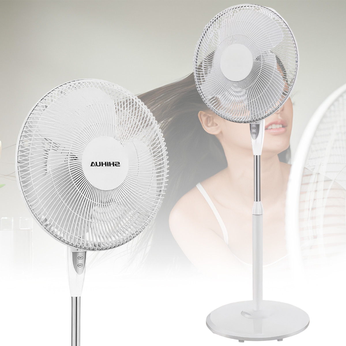 Вентилятор підлоговий на круглій ніжці з регульованою висотою Shihud Білий 3 швидкості, фото 1