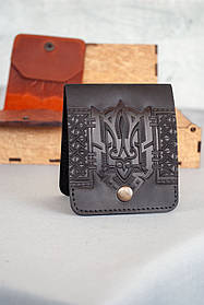 Міні гаманець чоловічий шкіряний чорний Жабка з тисненням Тризуб