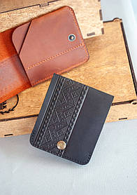 Міні гаманець чоловічий шкіряний чорний Жабка з тисненням Вишивка