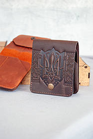Міні гаманець чоловічий шкіряний темно-коричневий Жабка з тисненням Тризуб