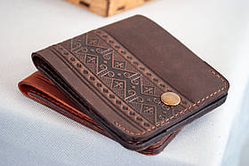 Міні гаманець чоловічий шкіряний темно-коричневий Жабка з тисненням Вишивка