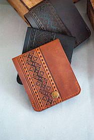 Міні гаманець чоловічий шкіряний світло-коричневий Жабка з тисненням Вишивка