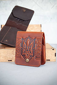 Міні гаманець чоловічий шкіряний світло-коричневий Жабка з тисненням Тризуб