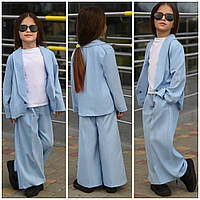 Льняной брючный костюм на девочку пиджак и широкие брюки палаццо 7,8,9,10 лет. школьный костюм для девочки