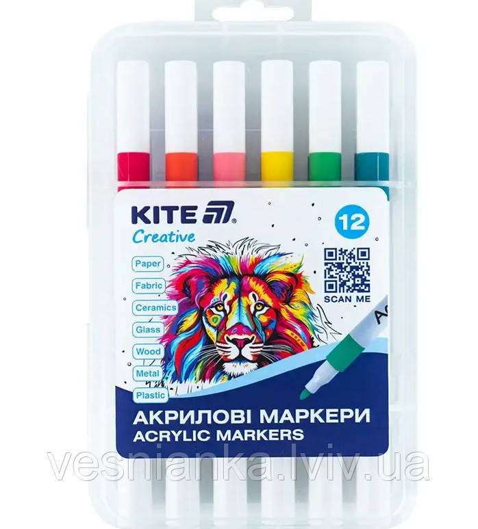 Набір акрилових маркерів 12 кольори в пластиковій коробці К-1156 Kite