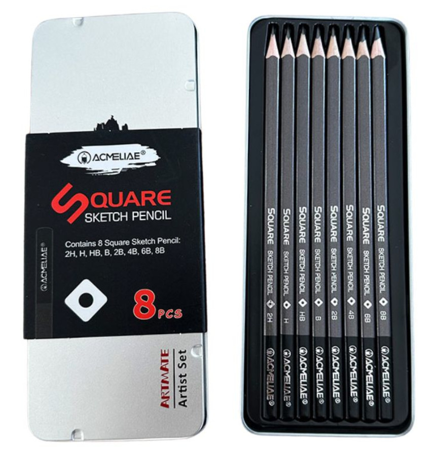 Чорнографітні олівці набір 8шт 2H-8B в металевому футлярі Acmeliae