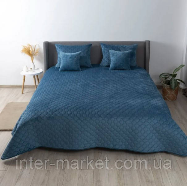 Покривало ТЕП Велюр євро стандарт 220*240см. синій, без наволочок, фото 1