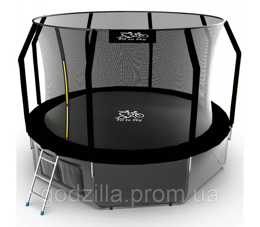 Батут FitToSky 252см з внутрішньою сіткою та драбинкою 48 пружин чорний, фото 1
