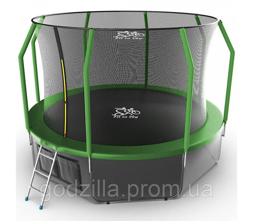 Батут FitToSky 252см з внутрішньою сіткою та драбинкою 48 пружин зелений, фото 1