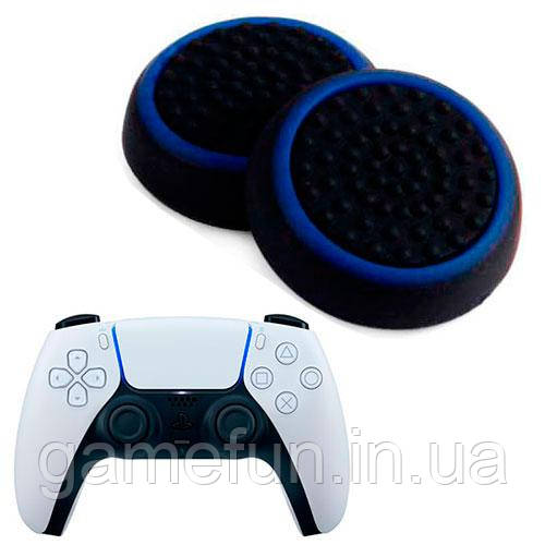 Силіконові накладки для джойстика PS5 DualSense чорні з синьою окантовкою 2 шт., фото 1
