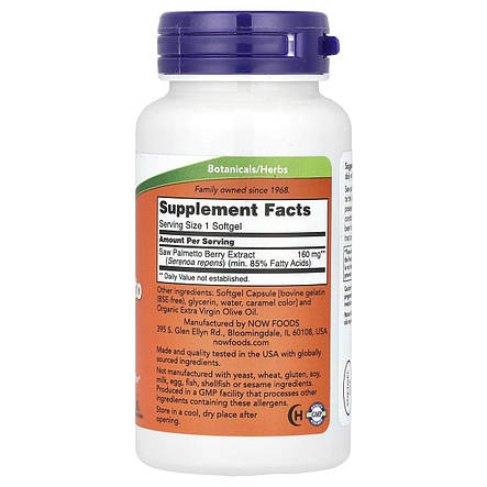 Со Пальметто, Saw Palmetto, Now Foods, екстракт, 160 мг, 120 капсул, фото 2