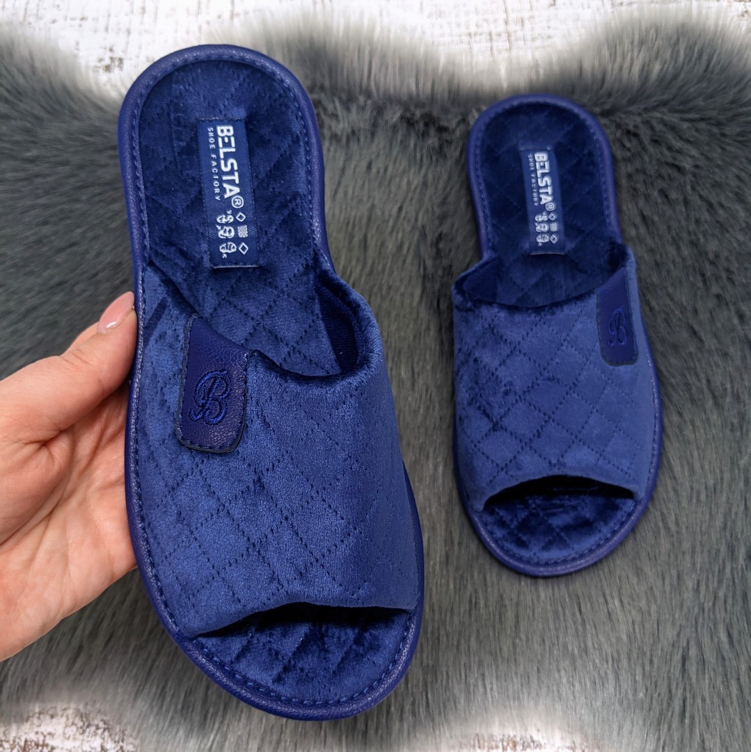 Тапочки жіночі Белста сині велюрові з відкритим носком 4523