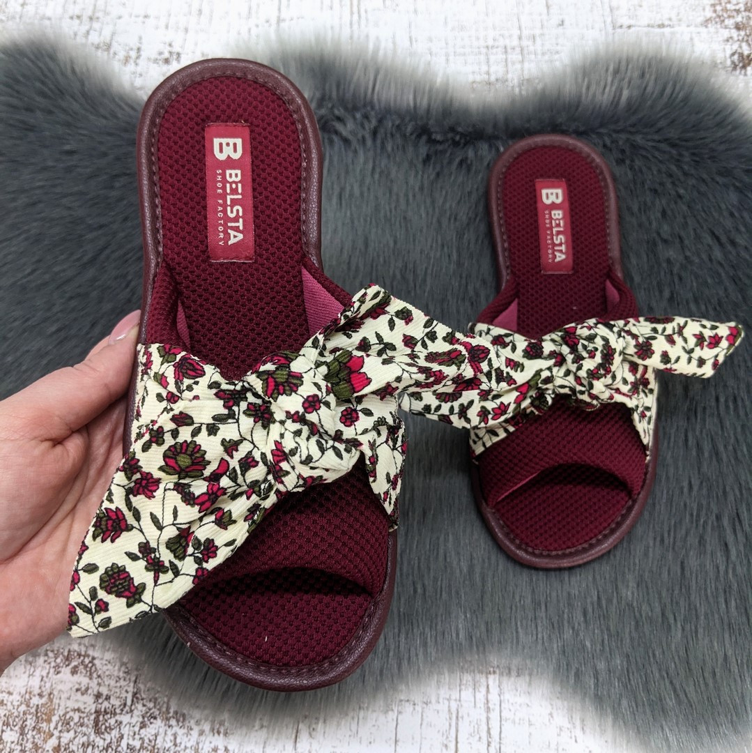 Тапочки жіночі домашні Белста бордові з відкритим носком та великим бантом 4869