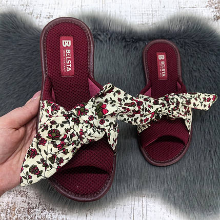Тапочки жіночі домашні Белста бордові з відкритим носком та великим бантом 4869, фото 1