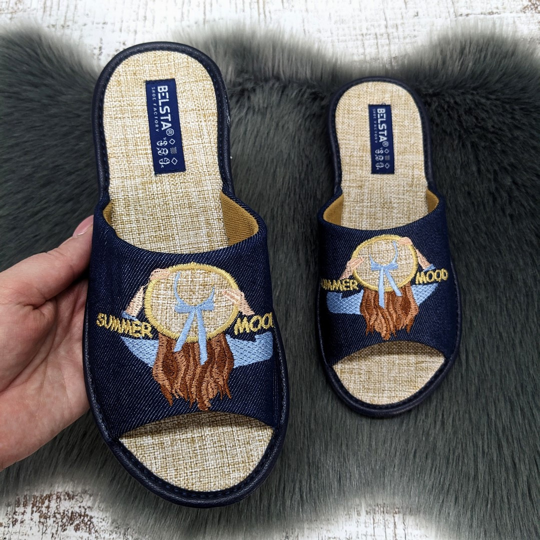 Тапочки жіночі Белста сині з бежевою устілкою відкритий носок 4873