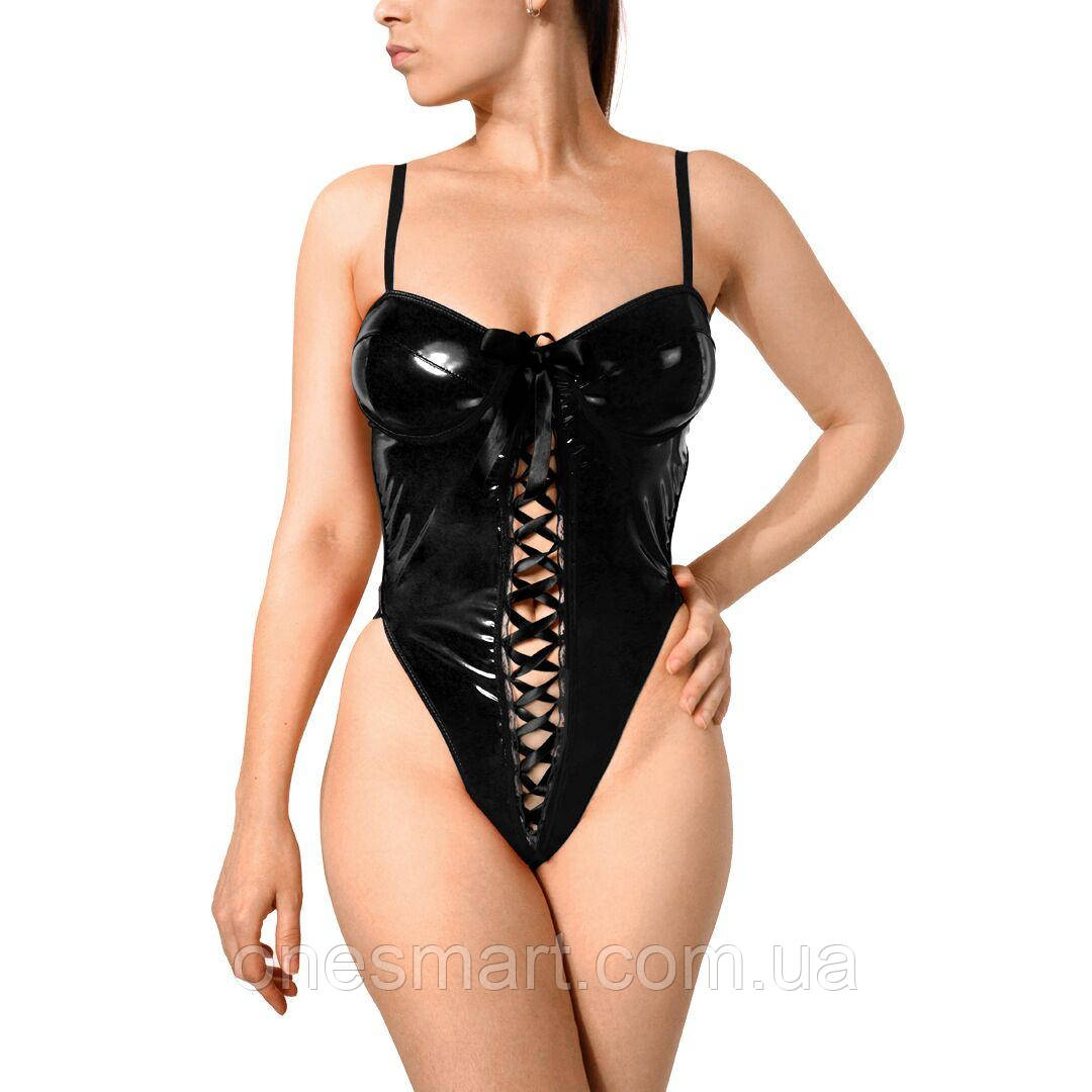 Сексуальне боді Art of Sex Josephine для ролевих ігор чорне з лакированого вінілового матеріалу розмір M, фото 1