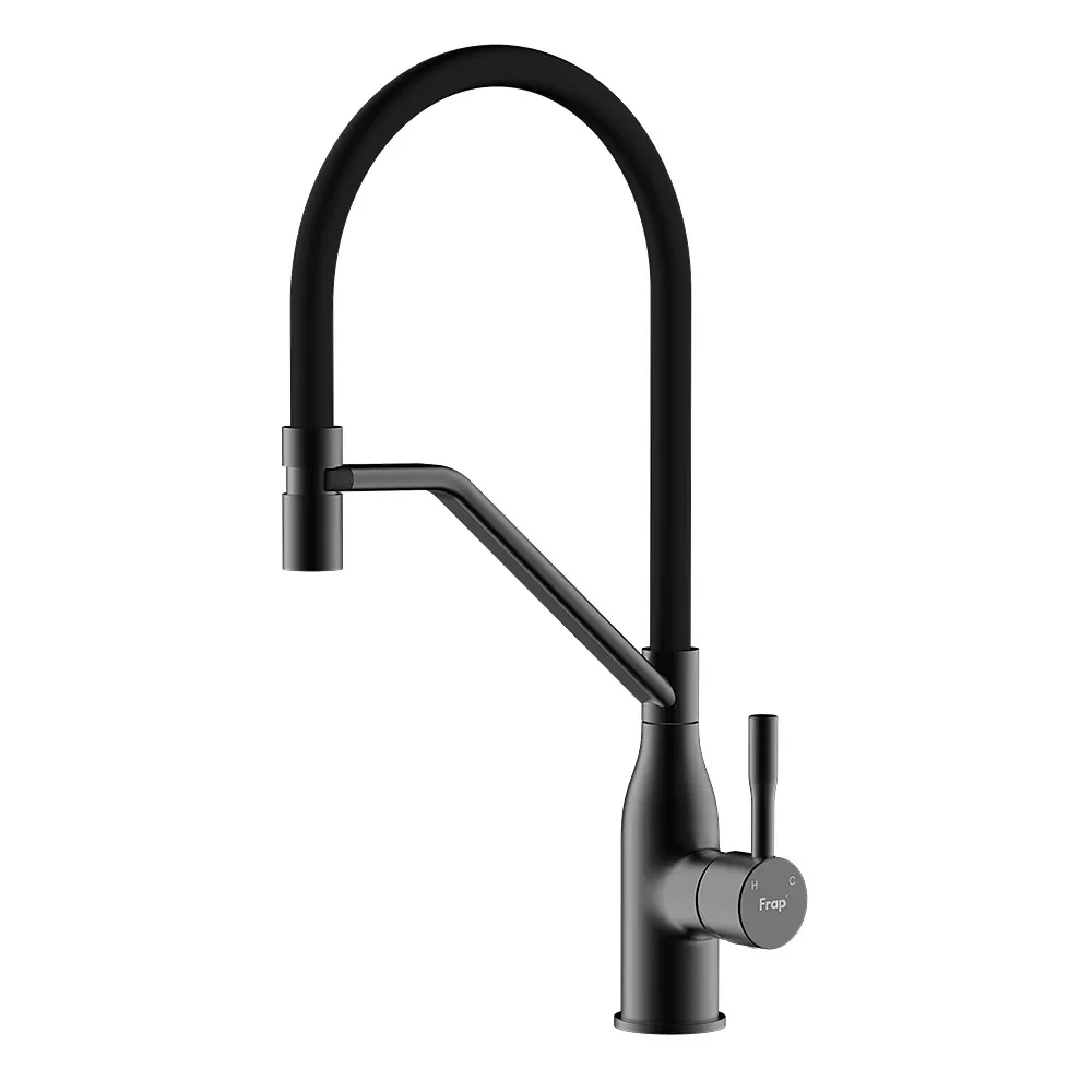 Змішувач для кухні F4497-6 одноважільний колір матовий чорний із гнучким знімним виливом, фото 1