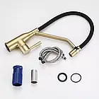 Змішувач для кухні F4497-3 одноважільний матове золото з гнучким знімним виливом кріплення гайка, фото 3