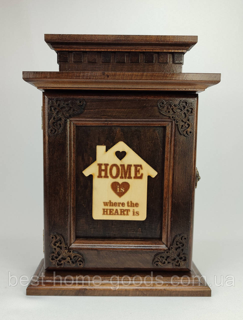 Дерев’яна настінна ключниця ручної роботи для дому з випаленим будиночком | Органайзер для ключів з дерева на 7 гачків | Ключниця, фото 1