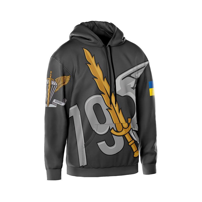 Худі чоловіче з принтом «79-та окрема десантно-штурмова бригада. Міць десанту» сірий