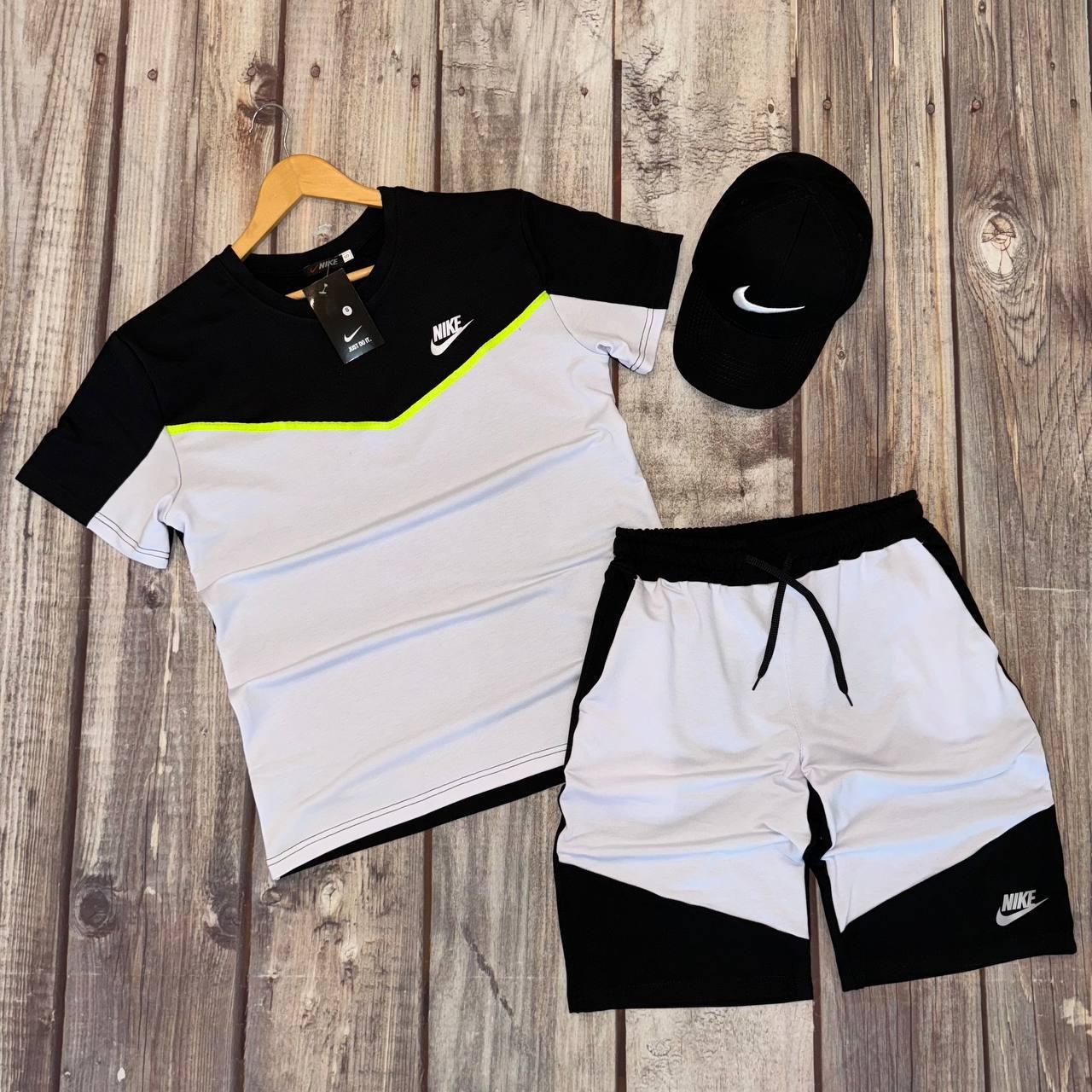 Чоловічий літній костюм Nike Tech Футболка + Шорти білий з чорним Найк Теч на літо