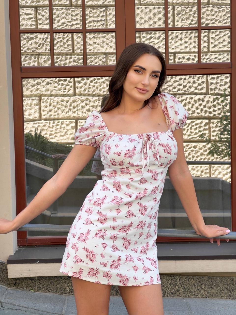 Ніжна красива легка літня молочна натуральна лляна сукня на підкладці в рожеву квітку рукав ліхтарик, фото 1