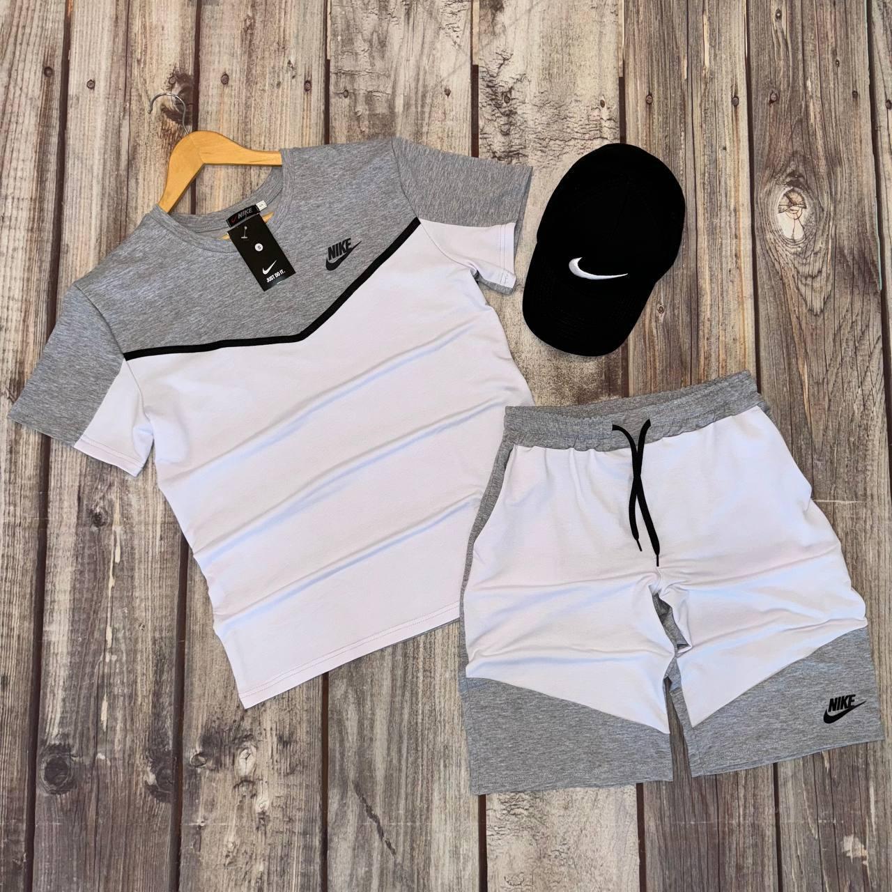Чоловічий літній костюм Nike Tech Футболка + Шорти білий з сірим Найк Теч на літо