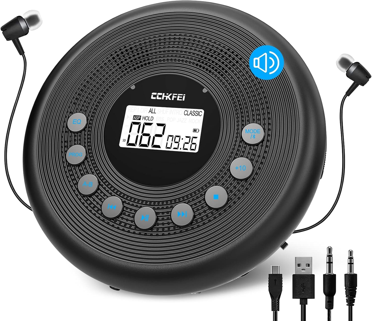 Портативний CD-плеєр з Bluetooth, колонками, захистом від ударів та перепусток, навушники в комплекті, фото 1