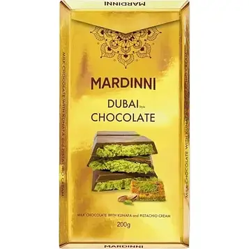 Шоколад дубайський молочний Mardinni Dubai Chocolate з кунафом та фісташковим кремом 200 г, 1 плитка