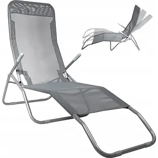 Лежак для басейну, що відкидається, поручні з пластиковою насадкою, металевий каркас, довжина 185 см, сірий