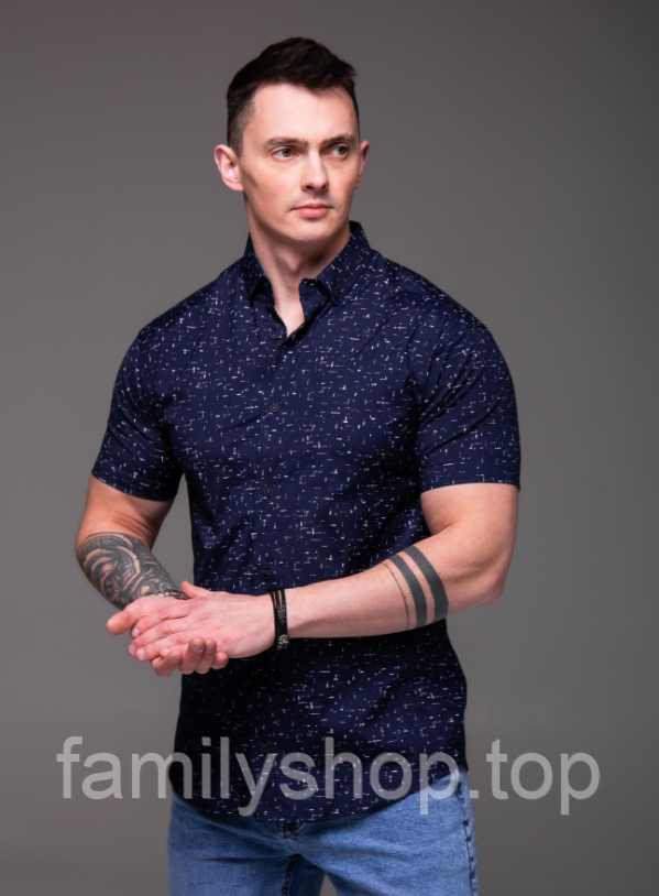 Чоловіча сорочка з коротким рукавом приталена slim fit легка літня, синя, розмір S, M, L, XL, XXL