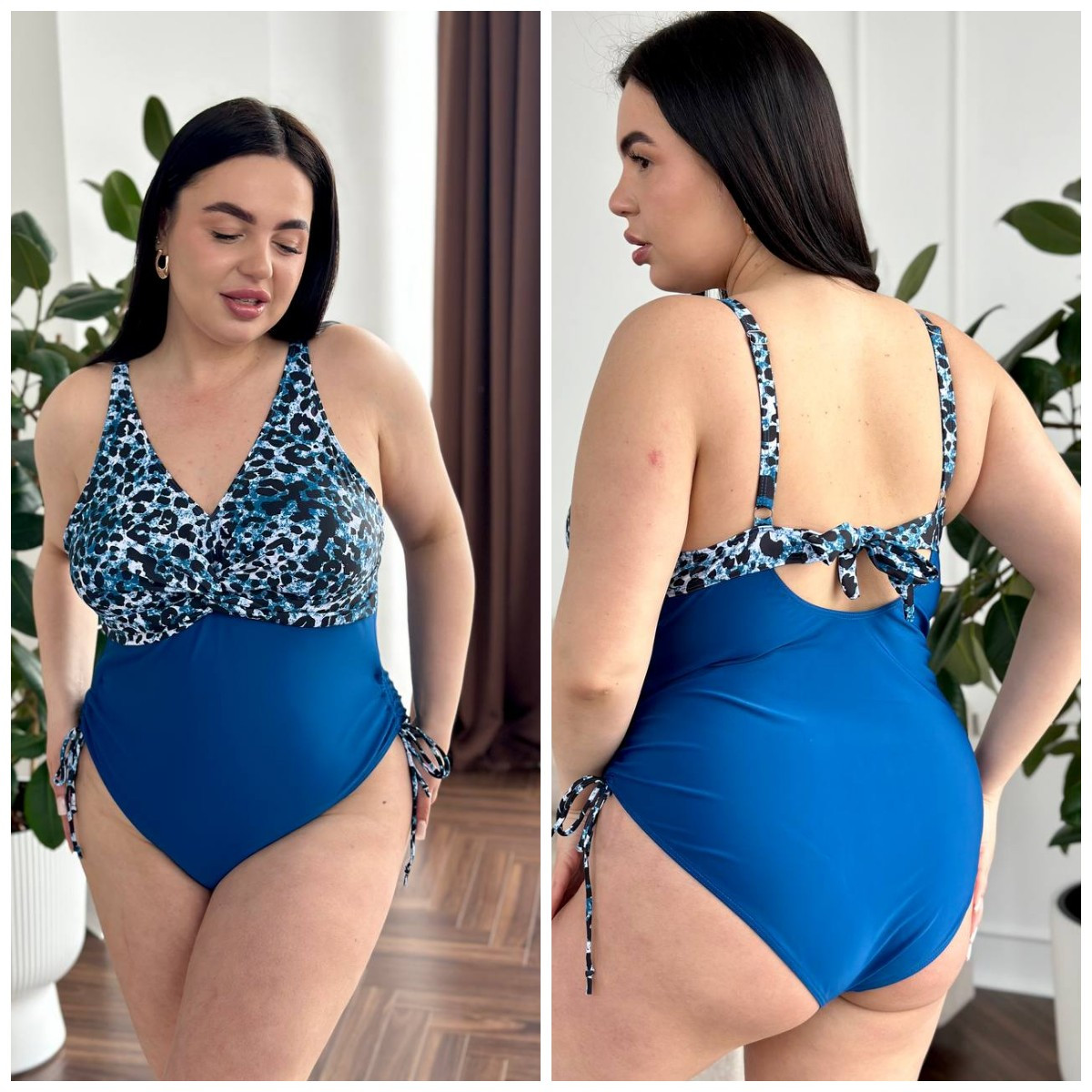 Жіночий злитий синій леопардовий купальник великі розміри, фото 1