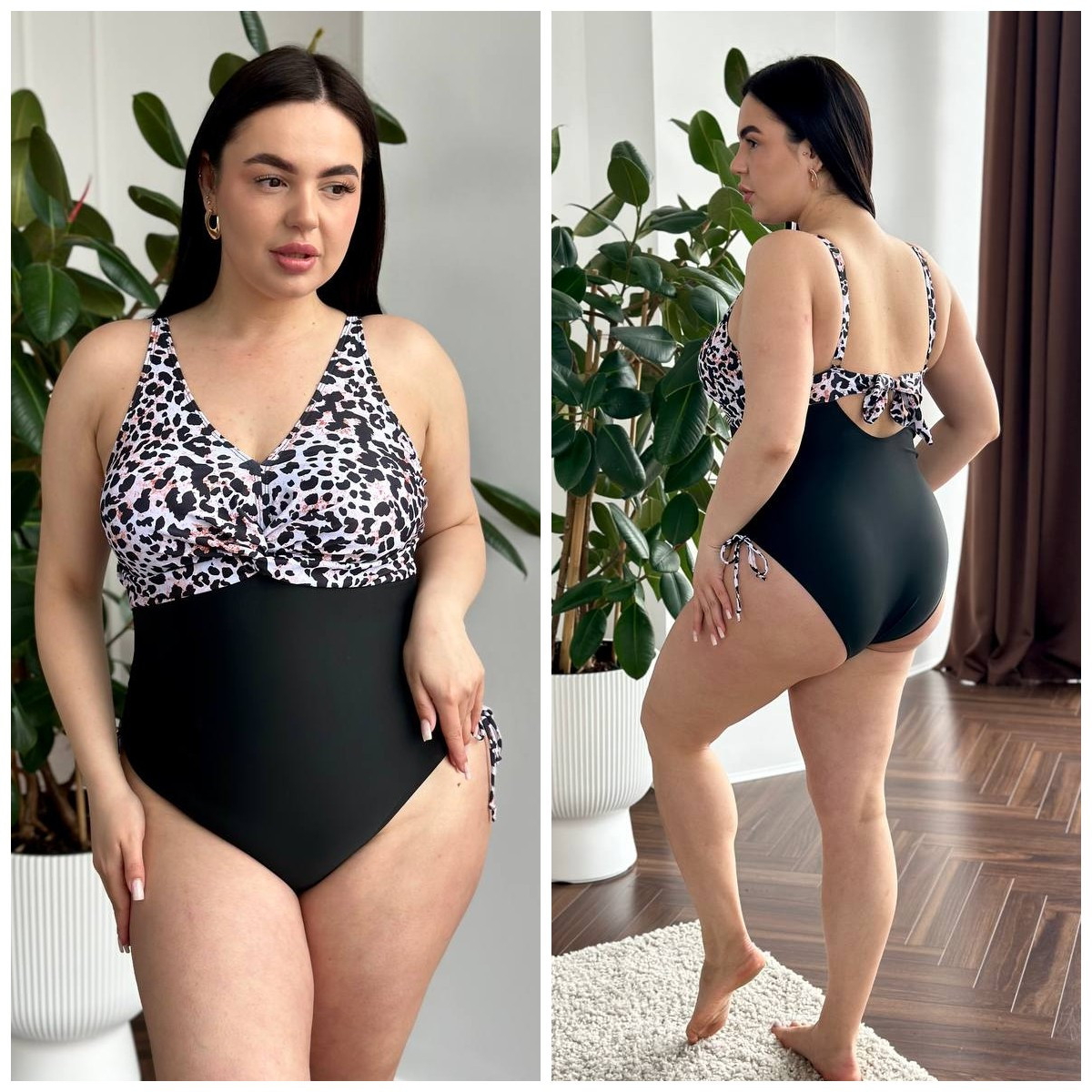 Жіночий злитий чорний леопардовий купальник великі розміри, фото 1