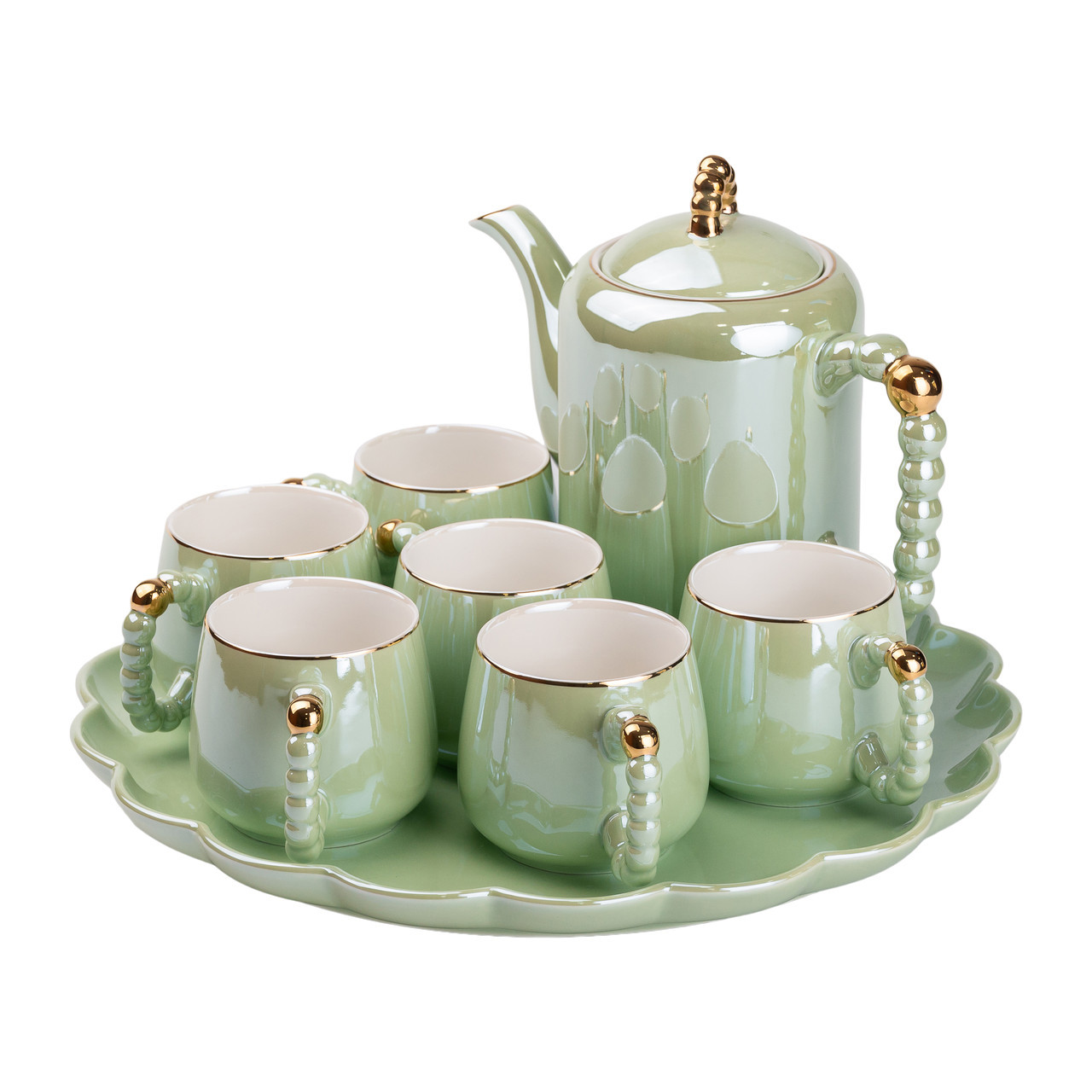 Чайний набір на 6 персон із заварювальним чайником та порцелянаовою підставкою Зелений HP-15-8, фото 1