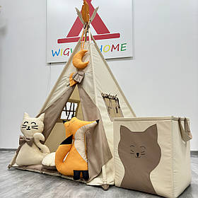 Дитячий Вігвам «Бежево-коричневий», Повний комплект, В подарунок 🎁 підвіска та пірʼя на палки