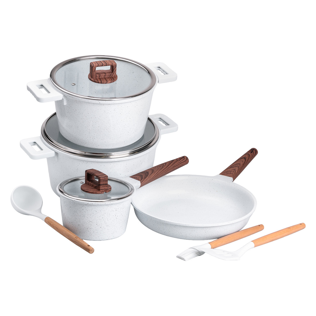 Набір посуду алюміній з товстим дном MGC з лопаткою, ополоником і щіткою білий HP-4-406W, фото 1