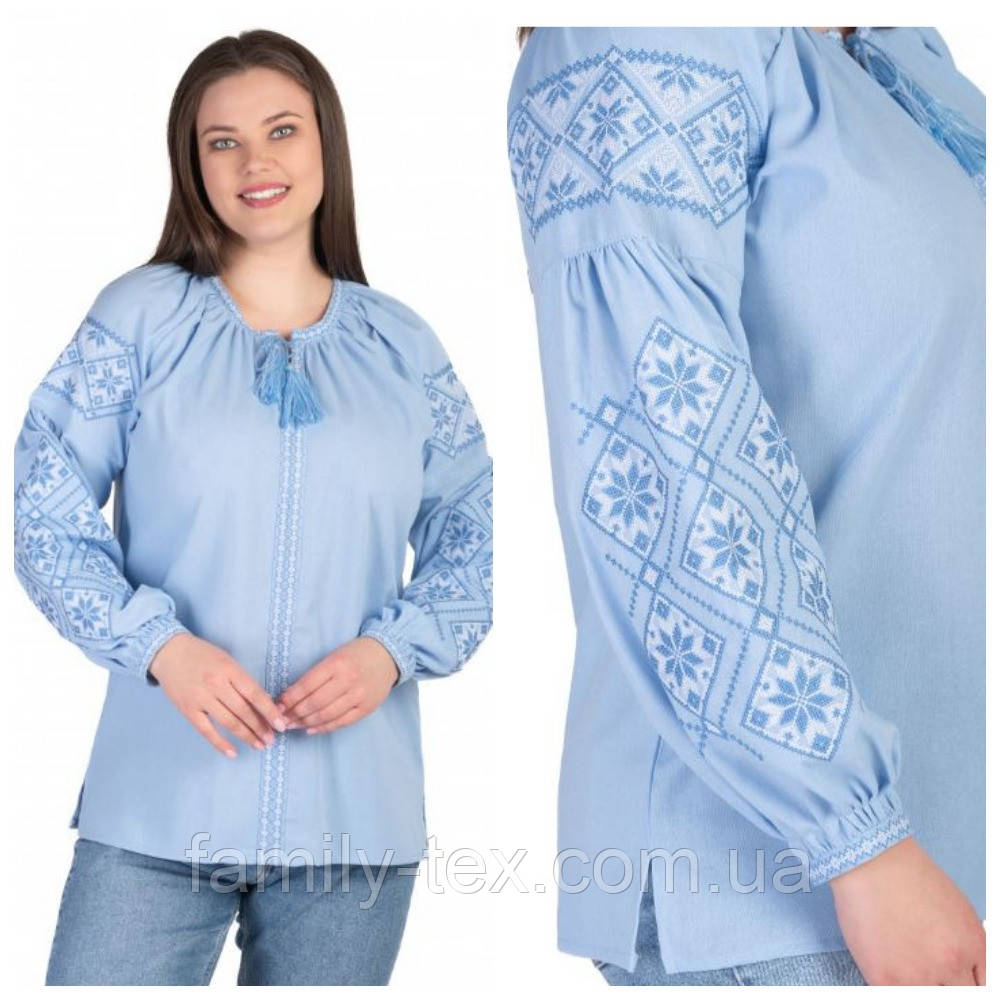 Жіноча блакитна лляна вишиванка, розміри S, M, L, XL, 2XL, 3XL