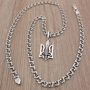 Срібна цепочка чоловіча і кулон герб України. Чоловічий підвіс тризуб і ланцюжок на шию. Срібло 925 55 см