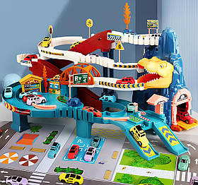 Гоночний автотрек Dino з 4 машинками та музичними ефектами — дитячий трек у стилі динозаврів 57×36×29 см